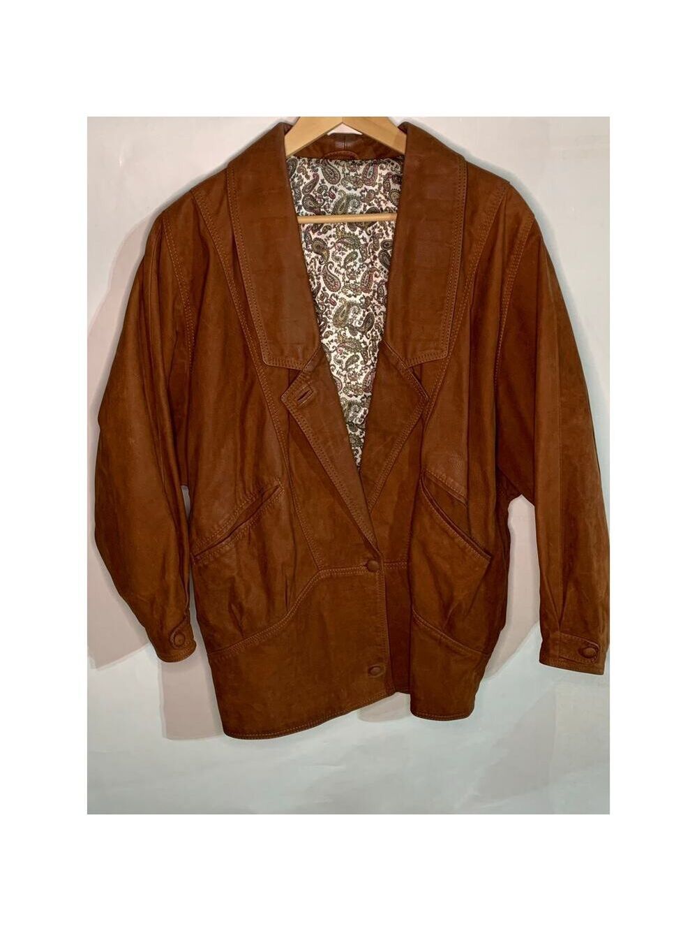 Leather brown oversized unisex tapered vintage jacket 1980 1990
